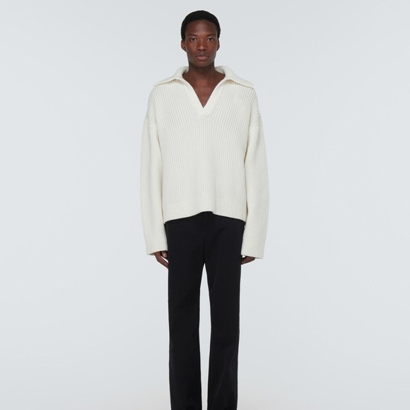 Bottega Veneta Cashmere Blend Cream Ribbed Knit Sailor Polo V Neck Sweater - Picture 5 of 5